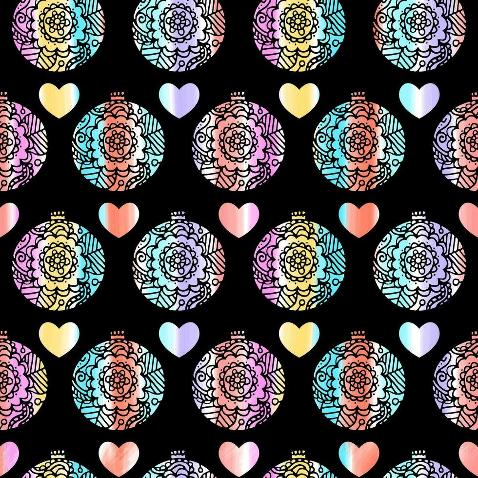 Christmas decor seamless colourful pattern. floral decor and hearts on a rainbow background. Use for background, wrapping paper, covers, fabrics, cards, stationery. Vector