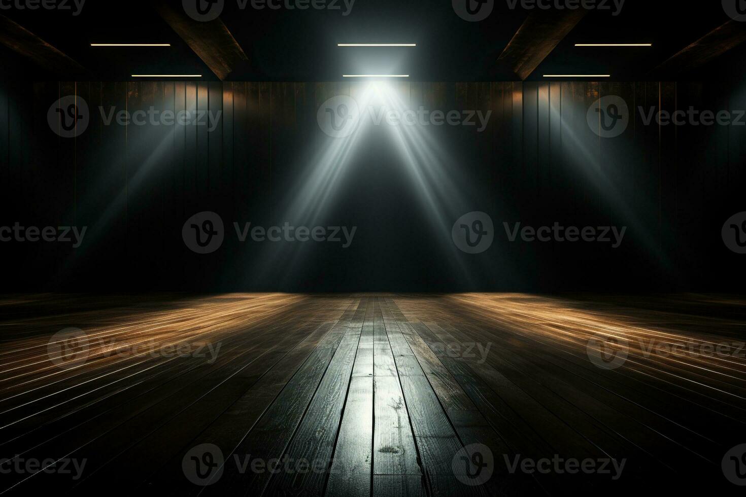 AI generated An empty room for a performance in the rays of spotlights and wooden floor. Generated by artificial intelligence photo