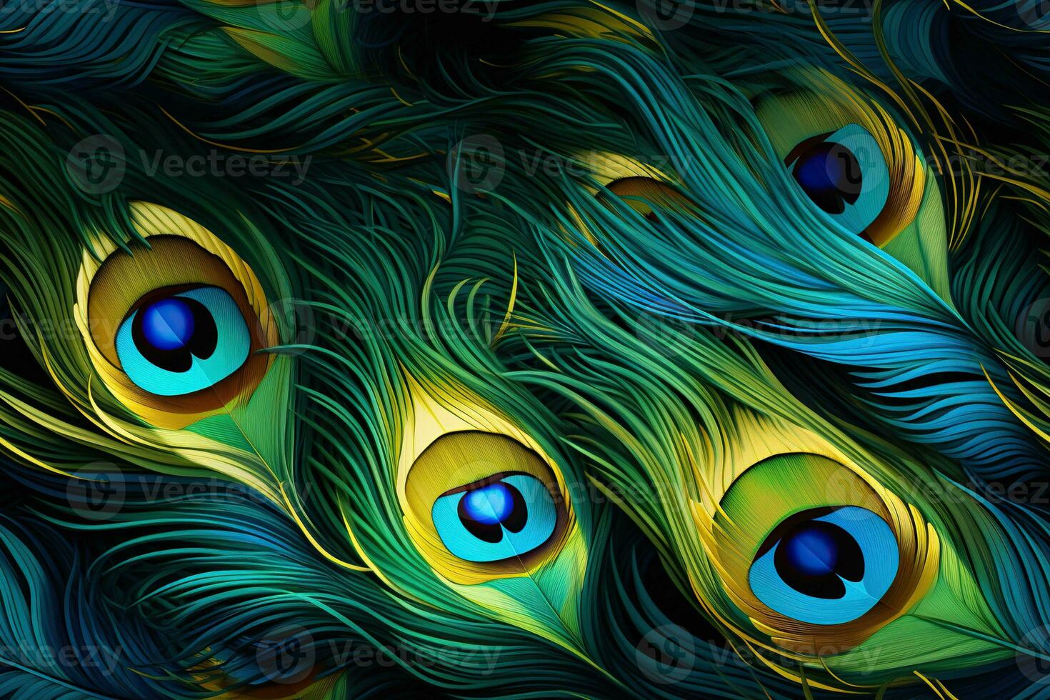 AI generated Colorful feathers, peacock feather pattern. Bright background photo
