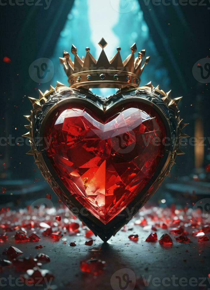 AI generated Creativity crystal heart with golden crown happy Valentine's day wallpaper photo