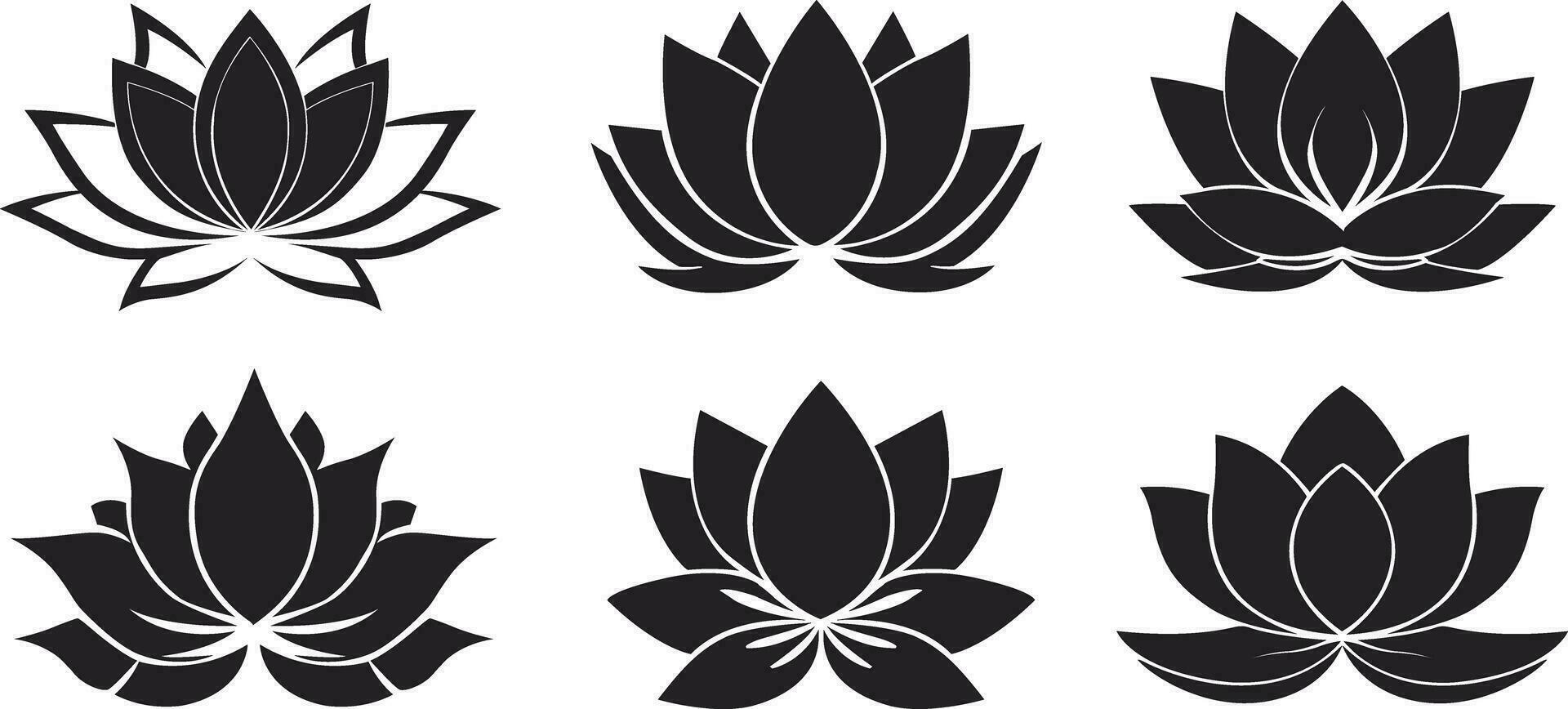 Black and white lotus flower icons set. Set of lotus flower silhouettes. Lotus flower silhouette icons. Vector illustration