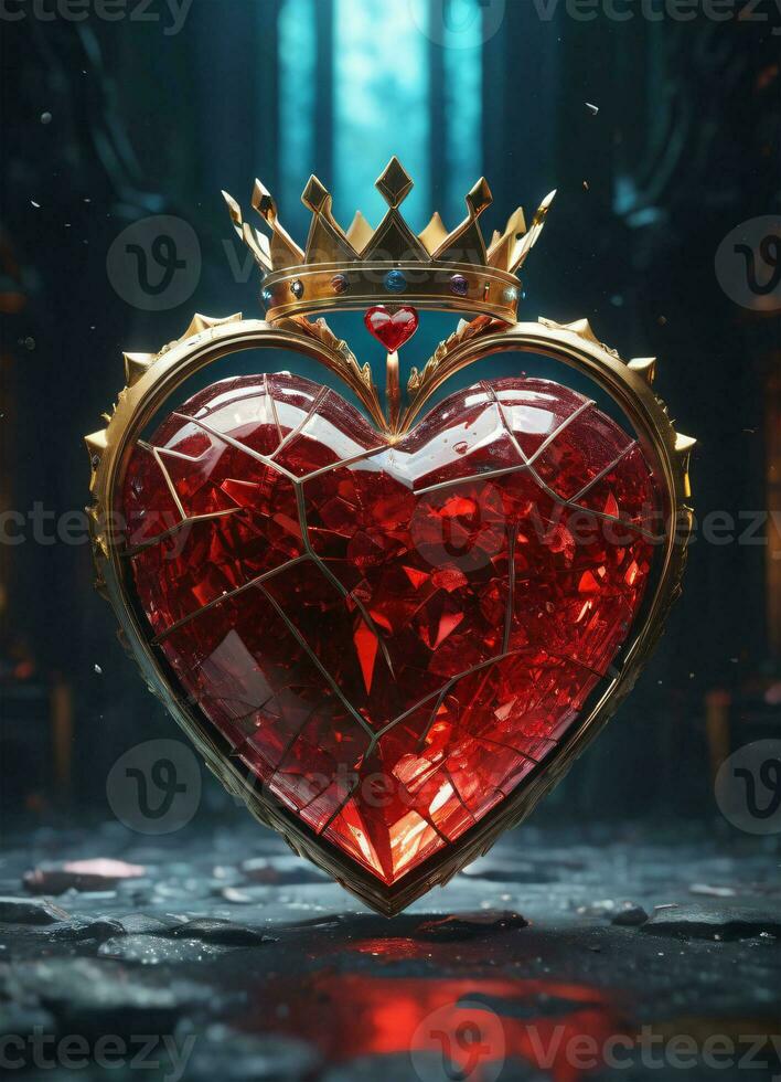 AI generated Creativity crystal heart with golden crown happy Valentine's day wallpaper photo