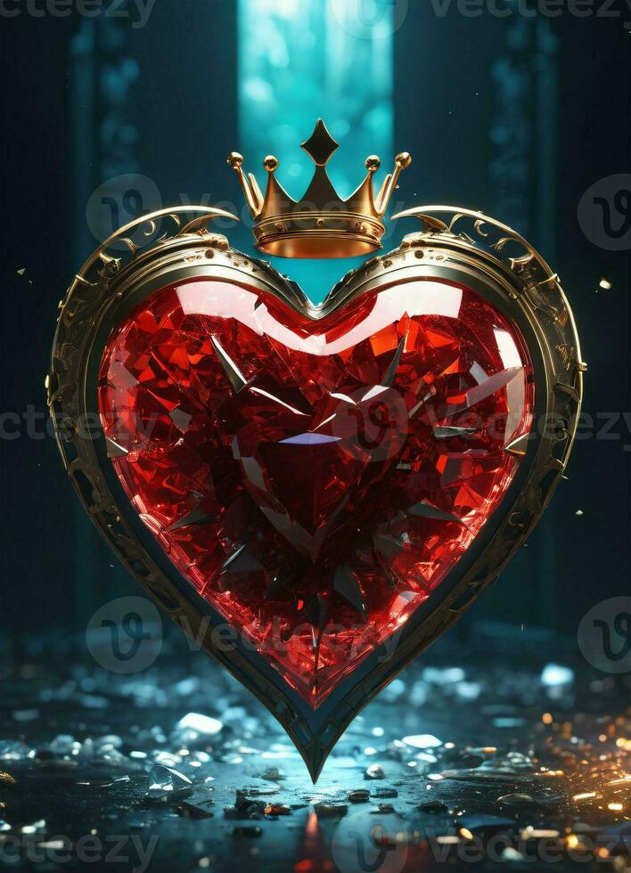 AI generated Creativity crystal heart with golden crown happy Valentine's day wallpaper photo