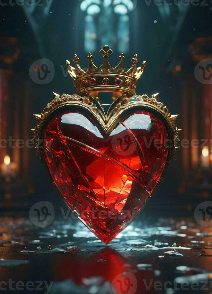 AI generated Creativity crystal heart with golden crown happy Valentine's day wallpaper photo