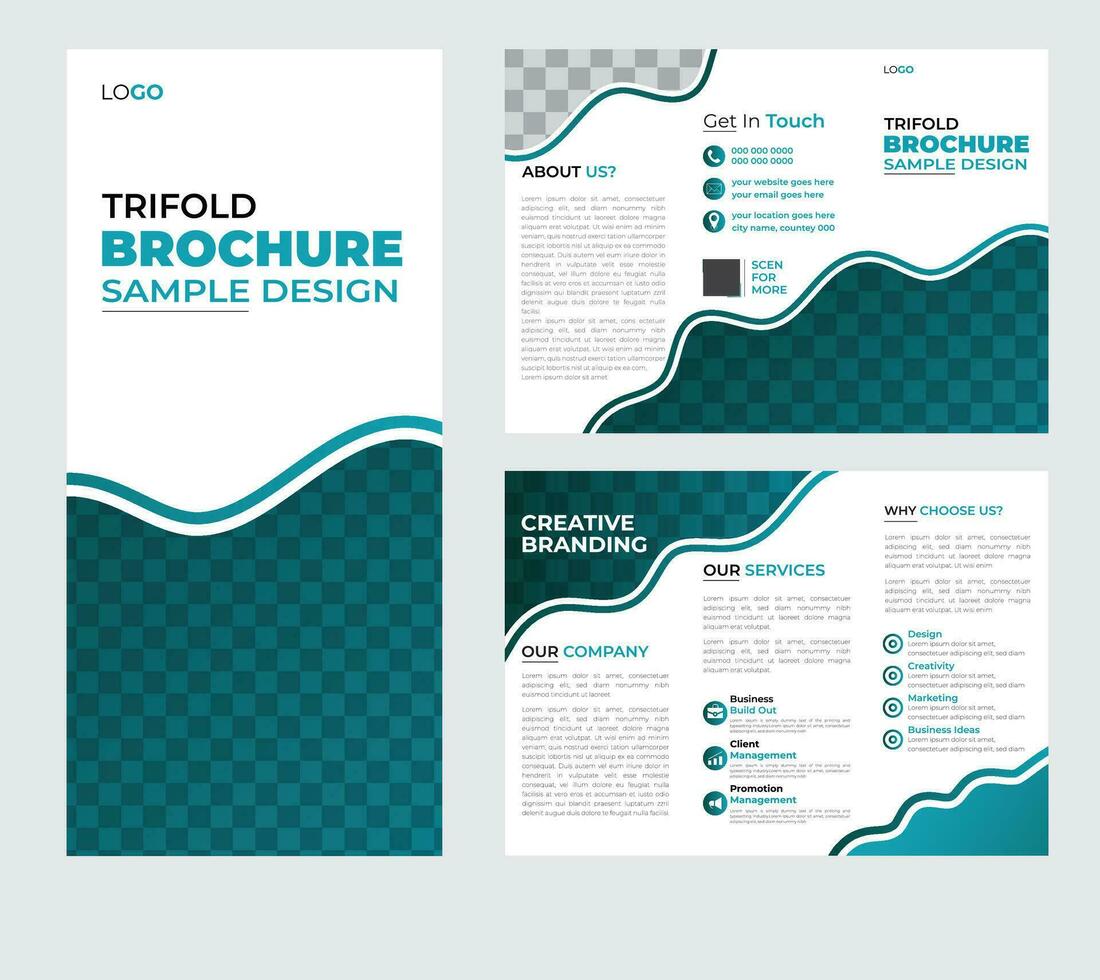 Corporate business trifold brochure template. Modern, Creative and Professional tri fold brochure vector design. Simple and minimalist promotion layout with blue color.