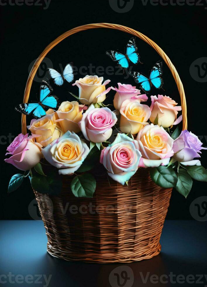 AI generated Photo of the basket with pastel colors roses and butterflies