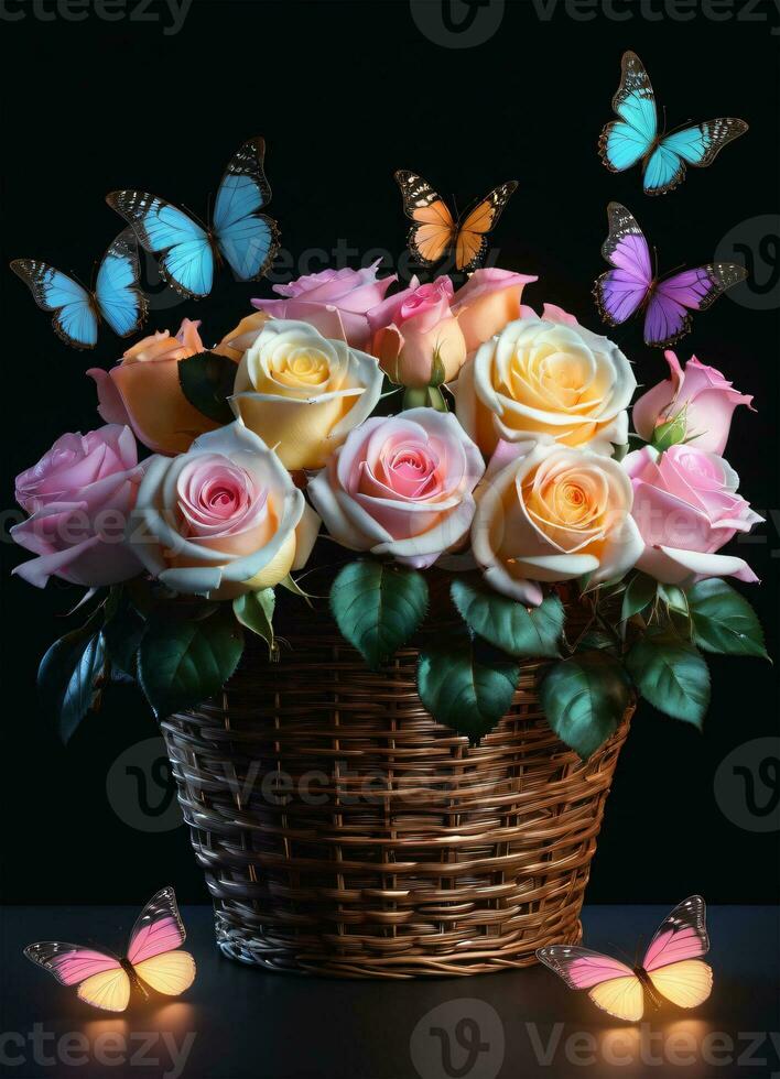 AI generated Photo of the basket with pastel colors roses and butterflies