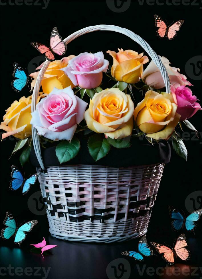 AI generated Photo of the basket with pastel colors roses and butterflies