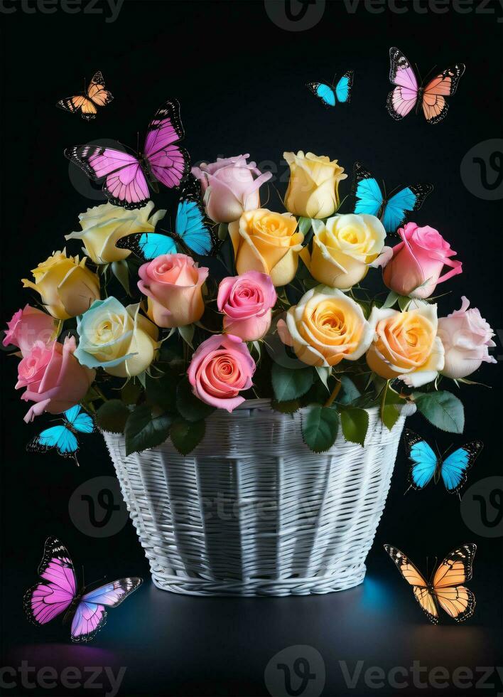 AI generated Photo of the basket with pastel colors roses and butterflies