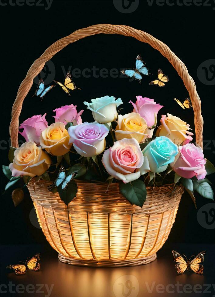 AI generated Photo of the basket with pastel colors roses and butterflies