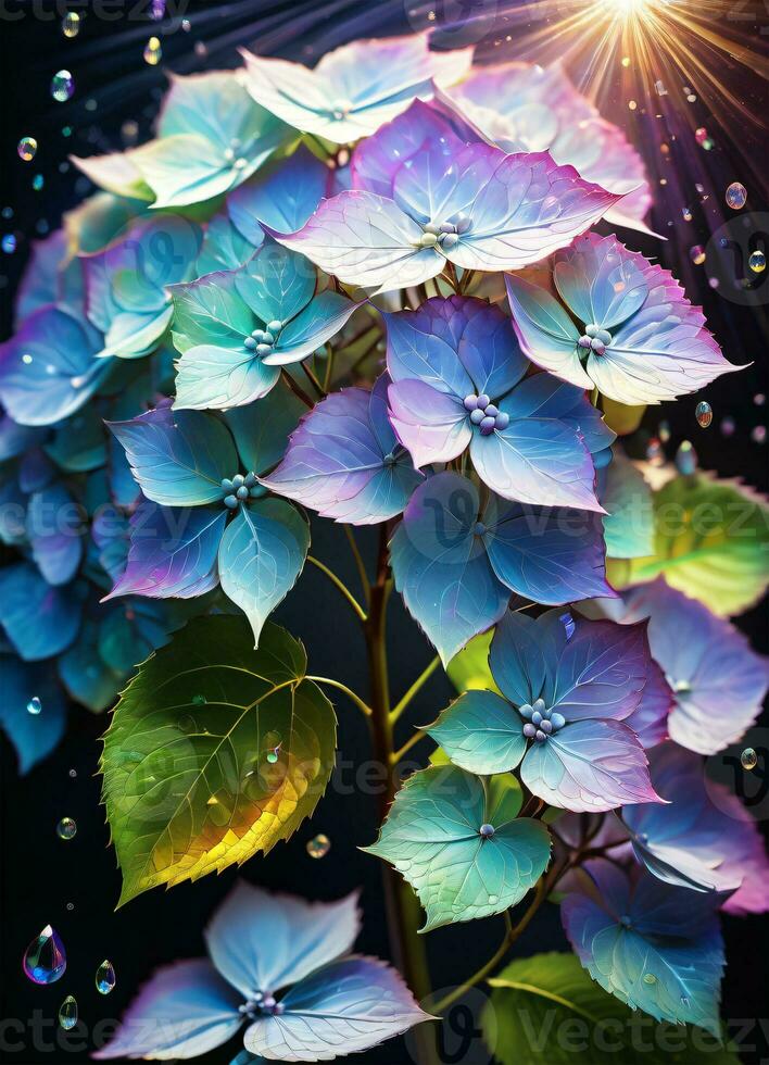 AI generated Hydrangea holographic flowers photo