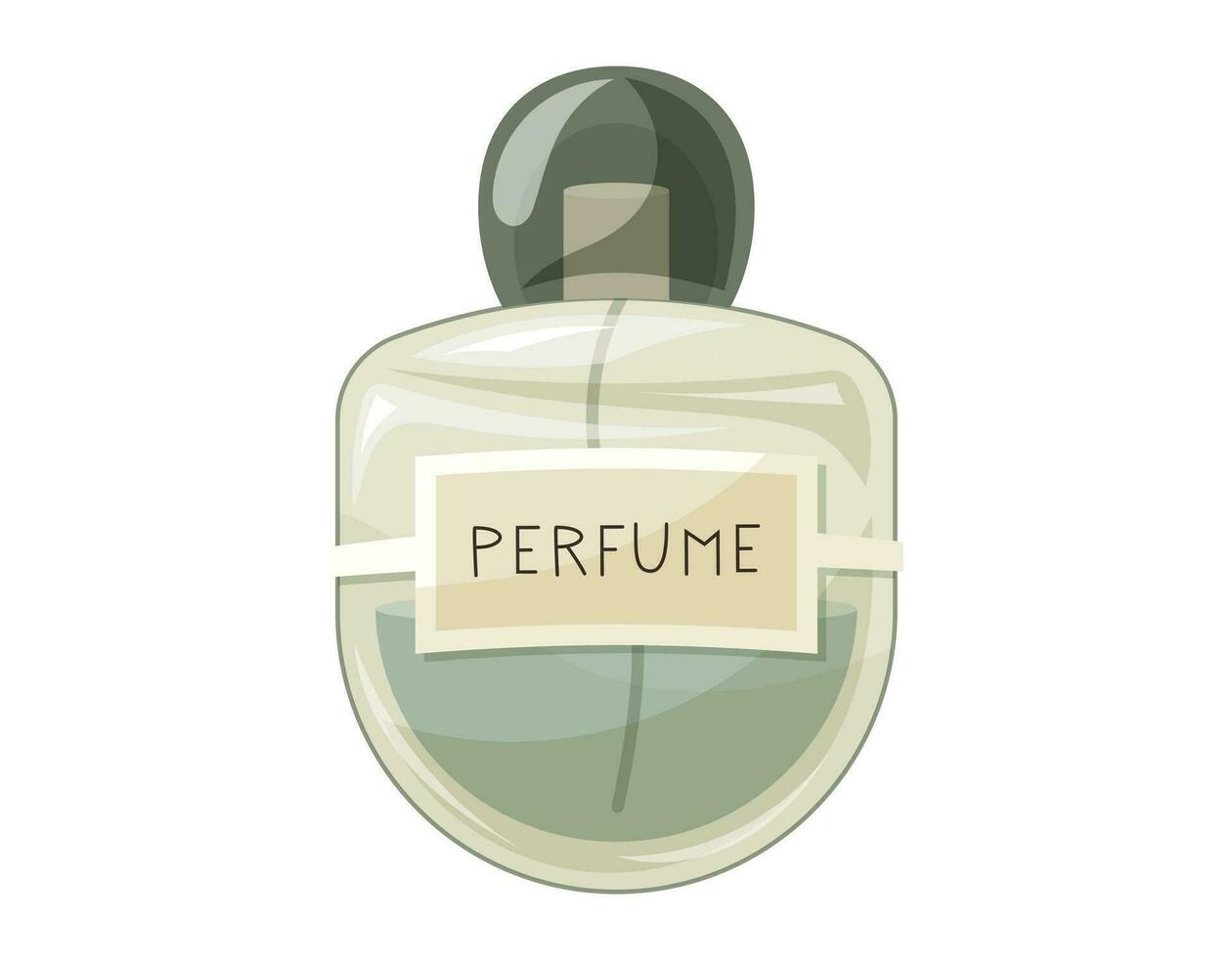 Glass elegant bottle of fragrant perfume. Vector isolated cartoon green eau de parfum.