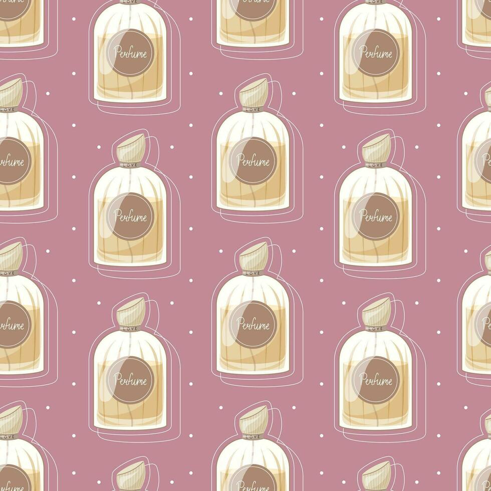 Glass elegant bottle of fragrant perfume. Vector seamless pattern, cartoon yellow eau de parfum.