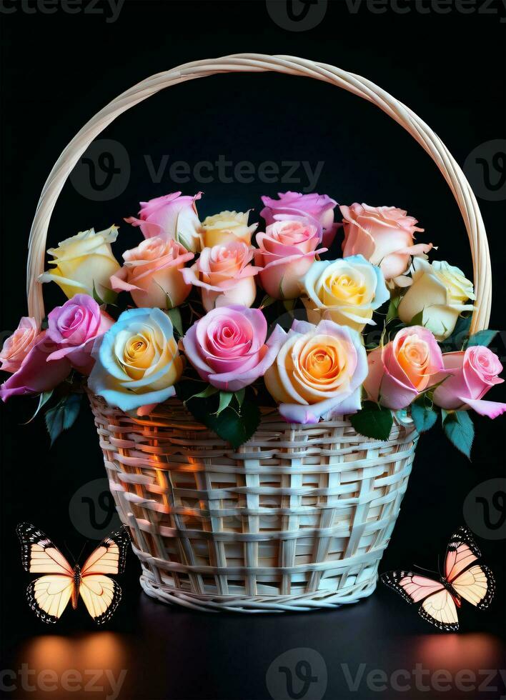 AI generated Photo of the basket with pastel colors roses and butterflies