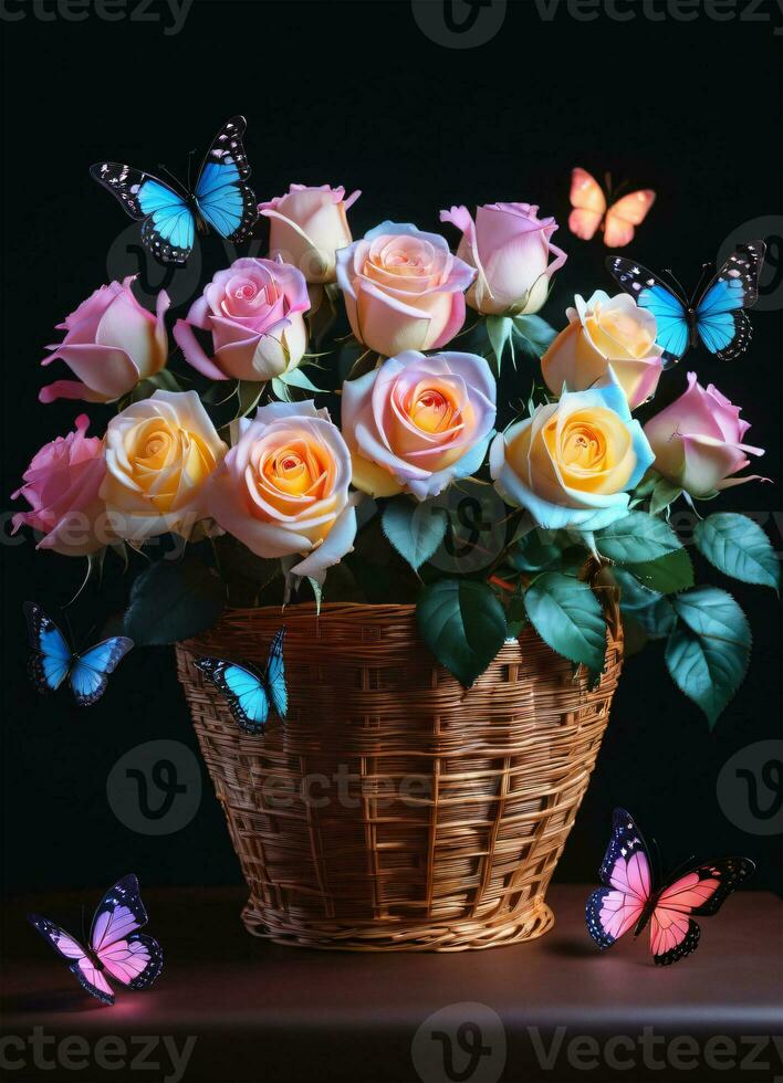 AI generated Photo of the basket with pastel colors roses and butterflies