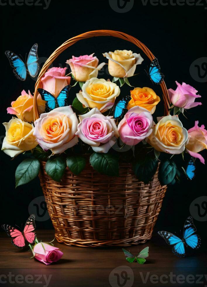 AI generated Photo of the basket with pastel colors roses and butterflies