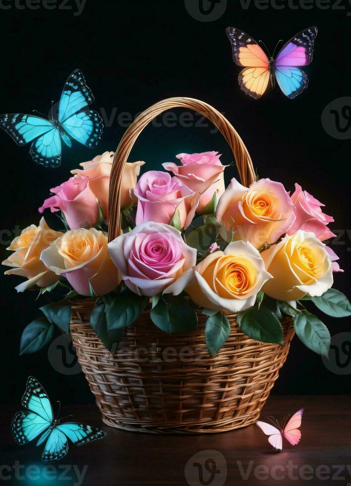 AI generated Photo of the basket with pastel colors roses and butterflies