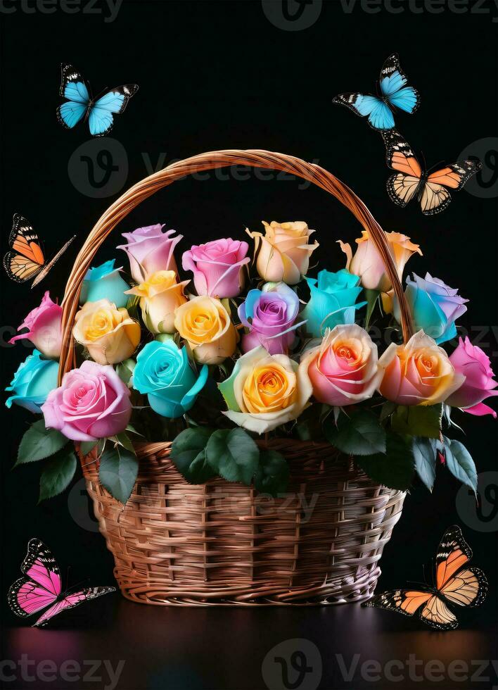 AI generated Photo of the basket with pastel colors roses and butterflies