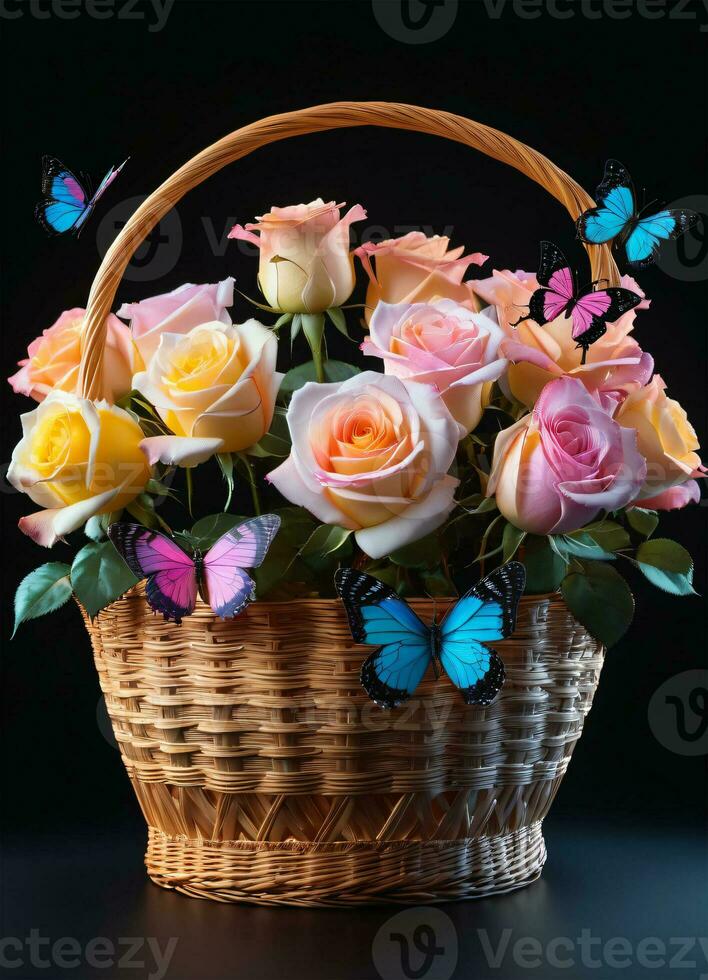 AI generated Photo of the basket with pastel colors roses and butterflies