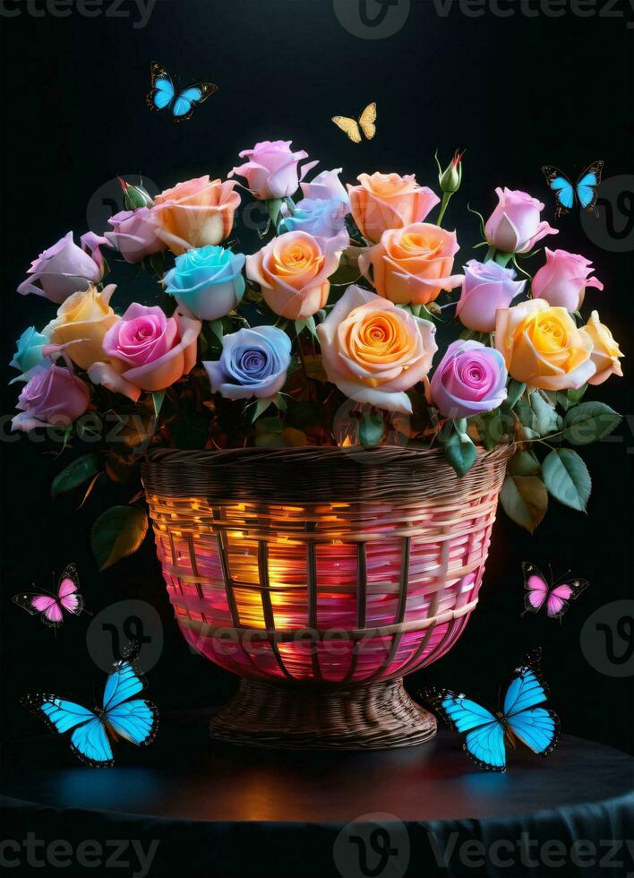 AI generated Photo of the basket with pastel colors roses and butterflies