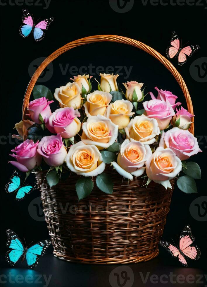 AI generated Photo of the basket with pastel colors roses and butterflies