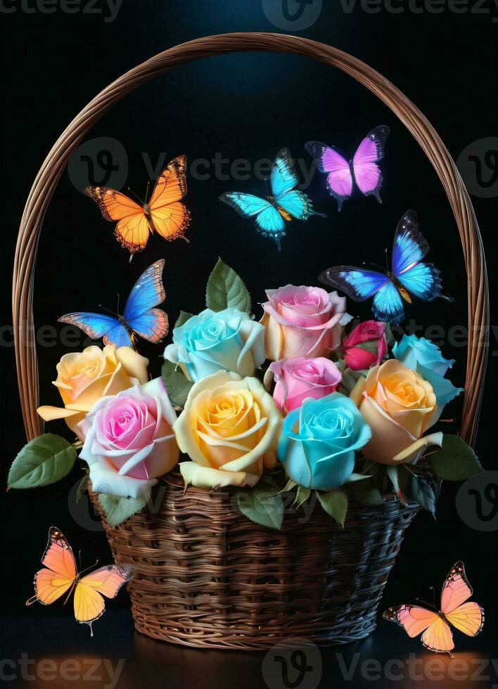 AI generated Photo of the basket with pastel colors roses and butterflies