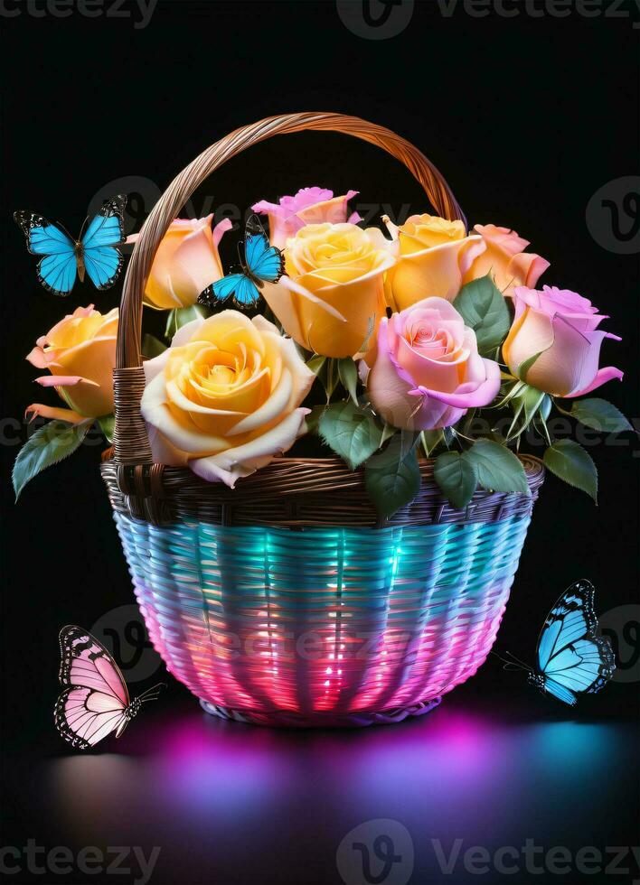 AI generated Photo of the basket with pastel colors roses and butterflies