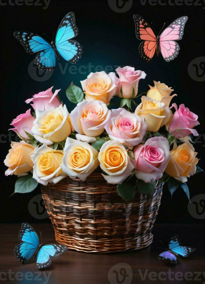 AI generated Photo of the basket with pastel colors roses and butterflies