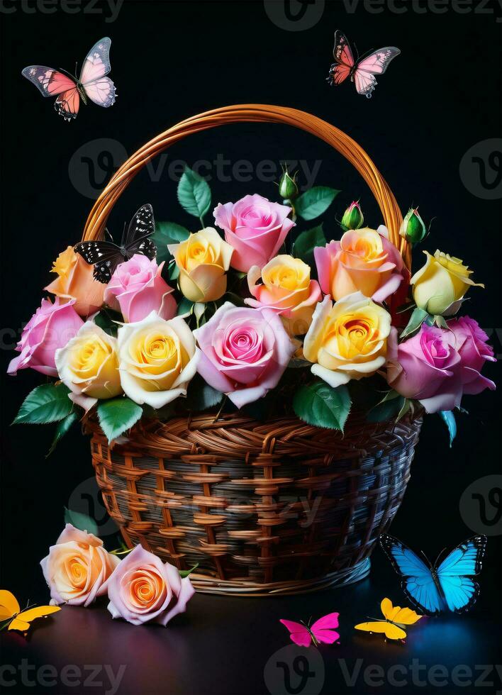 AI generated Photo of the basket with pastel colors roses and butterflies