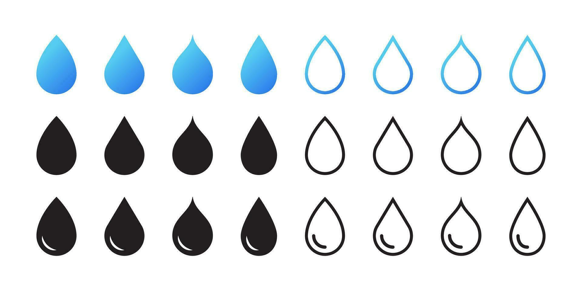 Water drops icons set. Water drop shape. Blue and black water drops. Vector scalable graphics