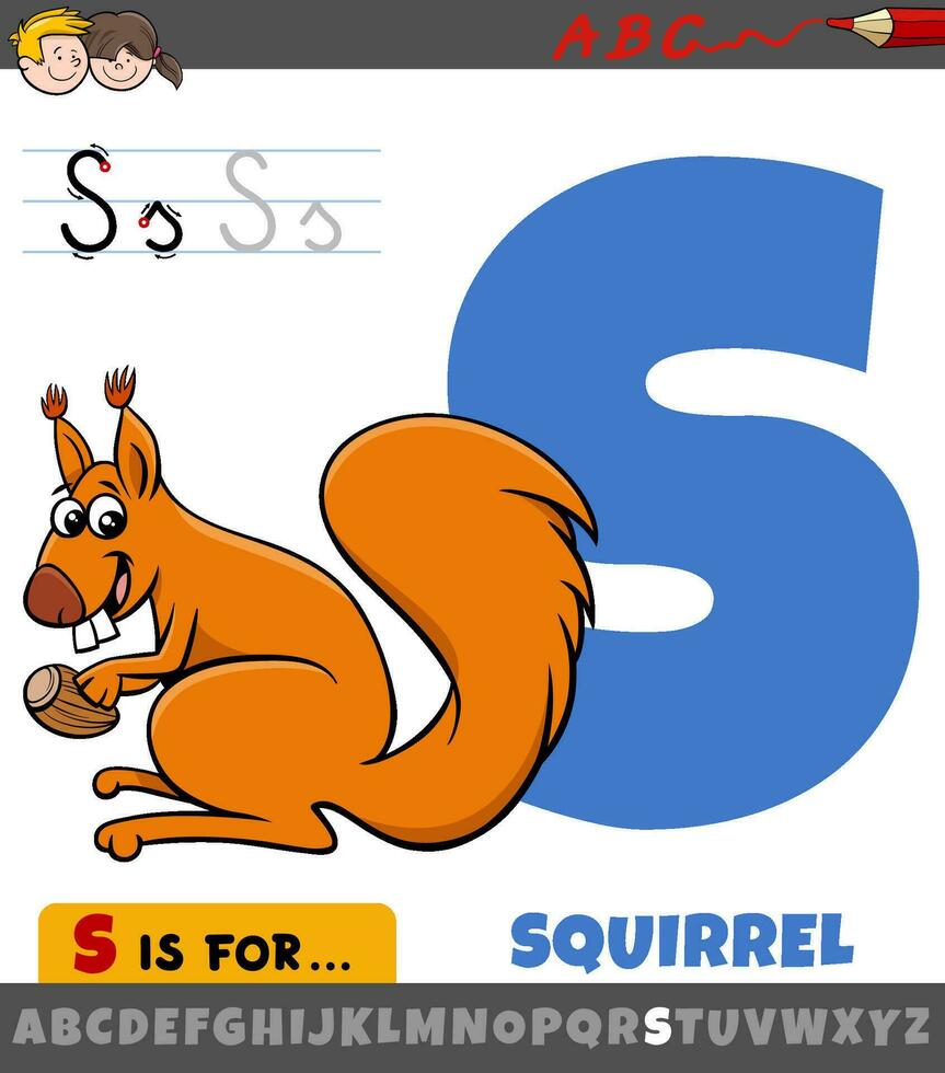 letter S worksheet with cartoon squirrel animal character vector