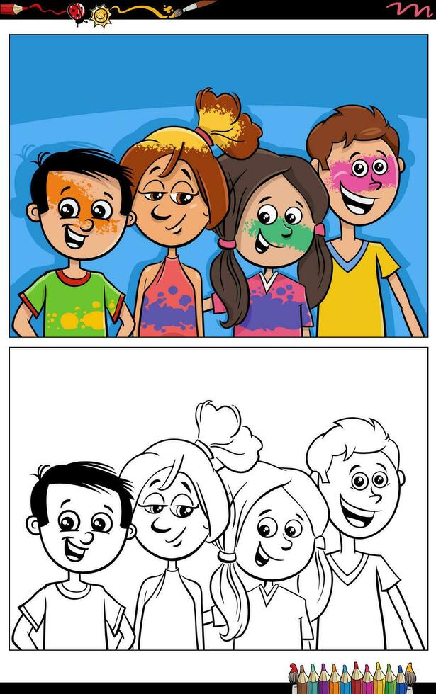 dibujos animados niños o adolescentes caracteres grupo colorante página vector