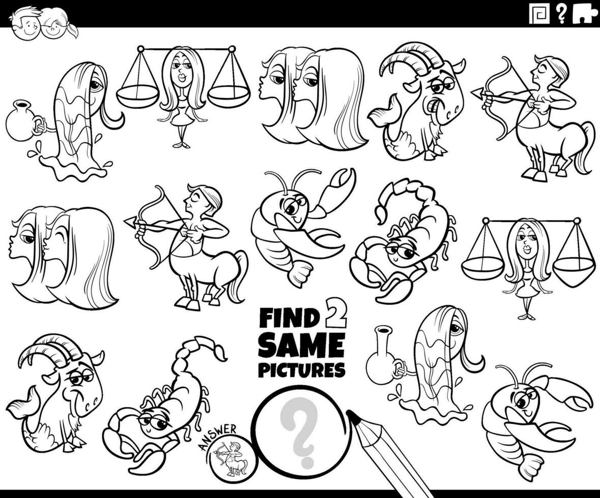 find two same cartoon zodiac signs activity coloring page vector