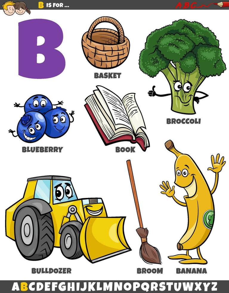 Letter B set with cartoon objects and characters vector