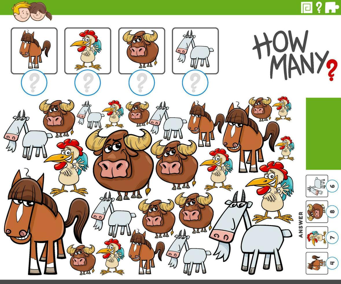 how many counting game with cartoon farm animals vector