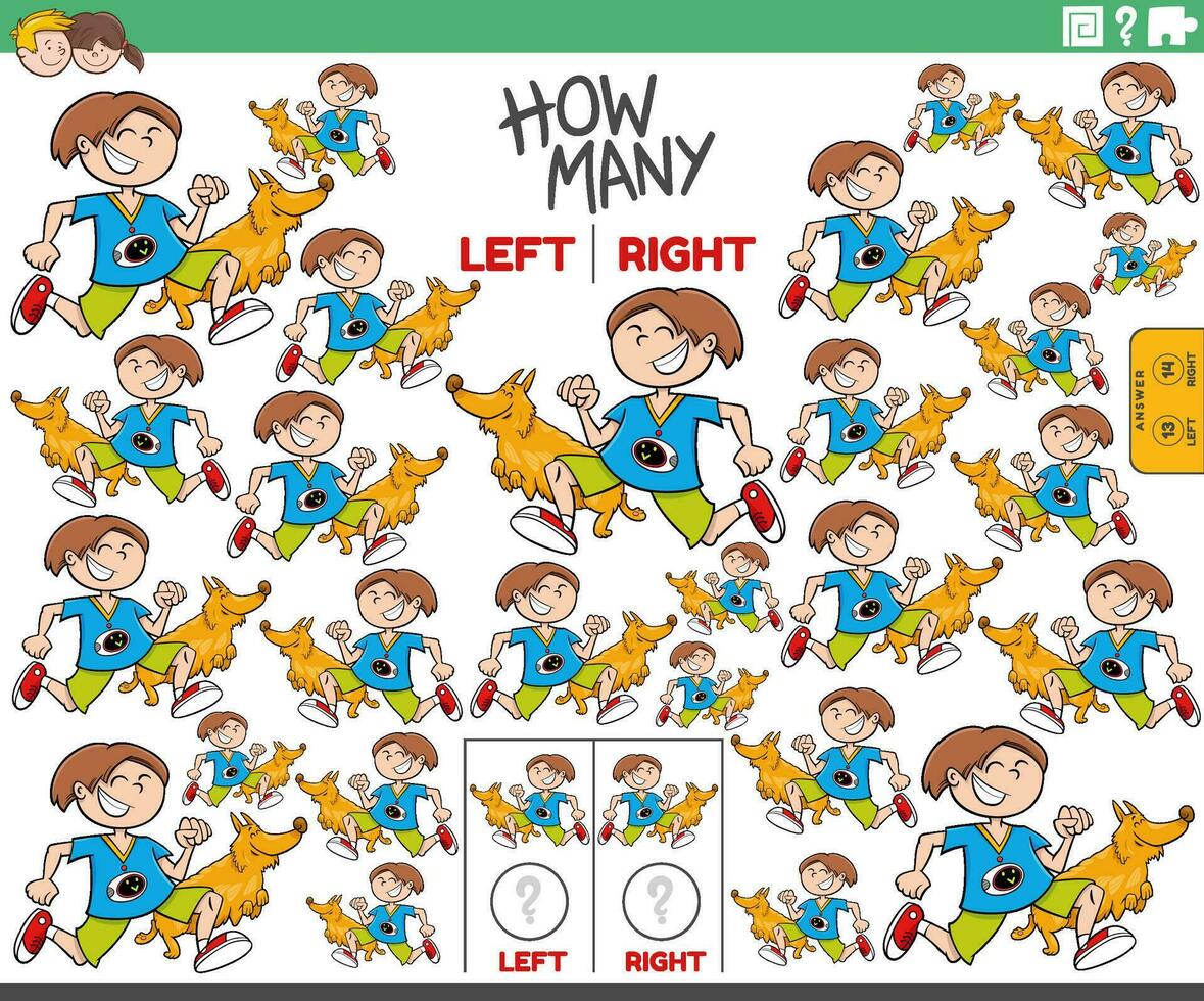 counting left and right pictures of cartoon boy with dog vector