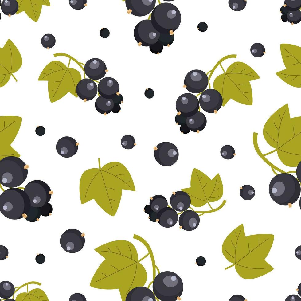 Seamless pattern with black currants and green leaves. Summer berries. Agriculture vegan plant. Vector illustration for spring cover, wallpaper texture, backdrop, wedding invitation, textile