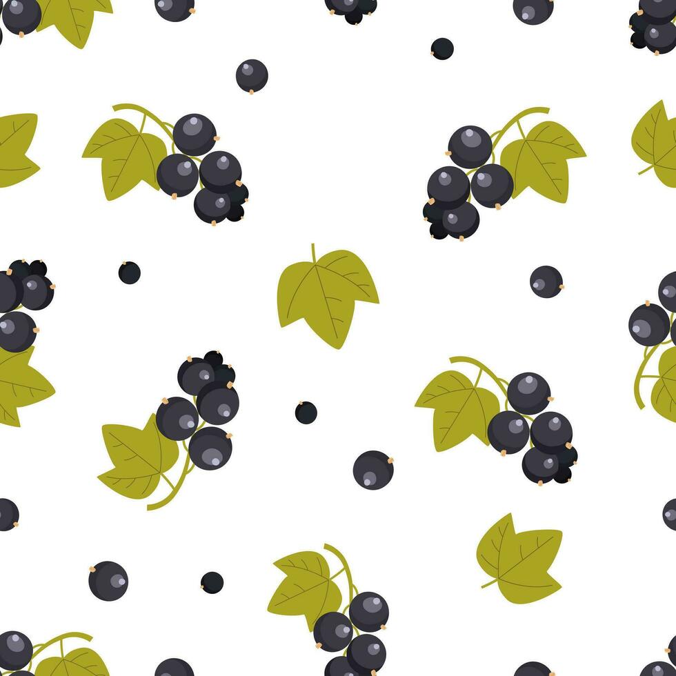 Seamless pattern with black currants and green leaves. Summer berries. Agriculture vegan plant. Vector illustration for spring cover, wallpaper texture, backdrop, wedding invitation, textile