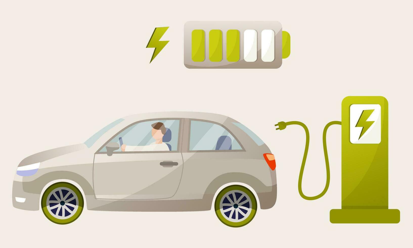 A modern electric car in gray color. Electric charging station. The car is discharged, the energy sits down, the battery of energy. Ecological fuel. The concept of an environmentally friendly vehicle. vector