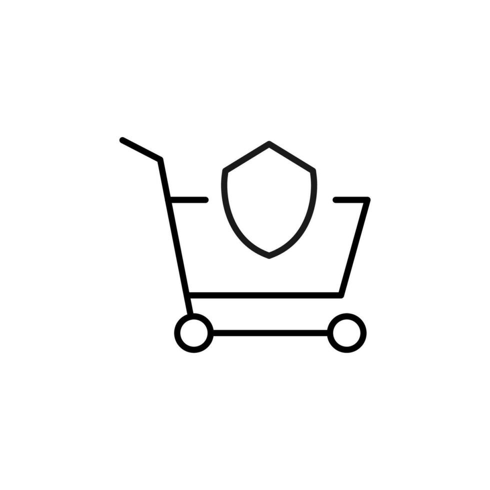 Shopping Cart by Shield Vector Symbol for Advertisement. Suitable for books, stores, shops. Editable stroke in minimalistic outline style. Symbol for design