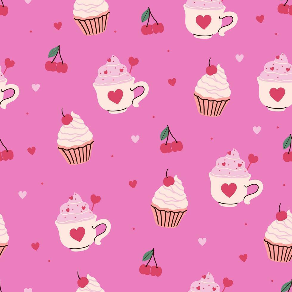 Seamless valentine's day pattern with drinks and cakes. Vector graphics.