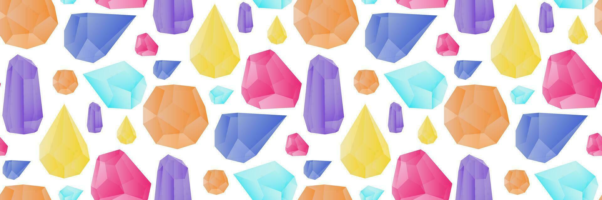 Crystal seamless pattern. Bright multicolored gradient transparent gems and crystals on a white background. Vector illustration. Packaging for a gift. Bright repetitive large stones horizontal