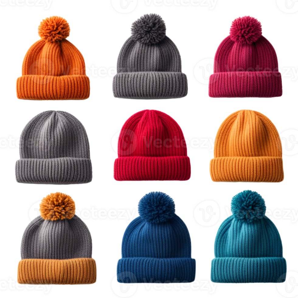 Ai Generated Set Of Colorful Wool Beanies Hats Isolated On Transparent