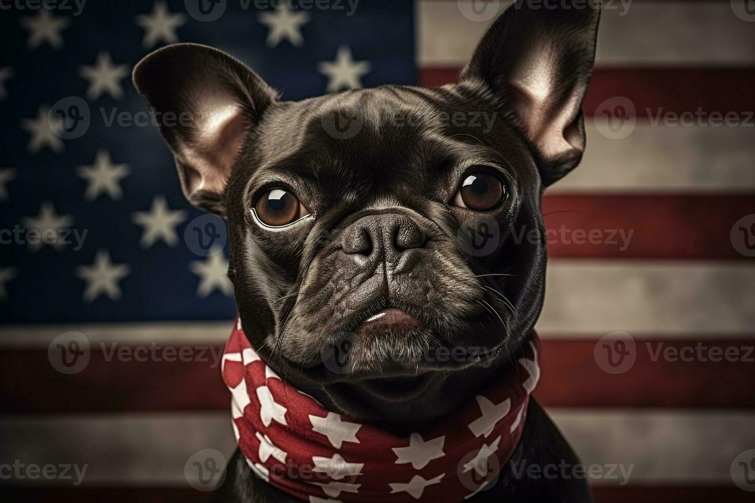 AI generated French bulldog dog with a bandage around its neck on the background of the US flag. Elections, US Independence Day. Patriotic dog. Generative AI photo