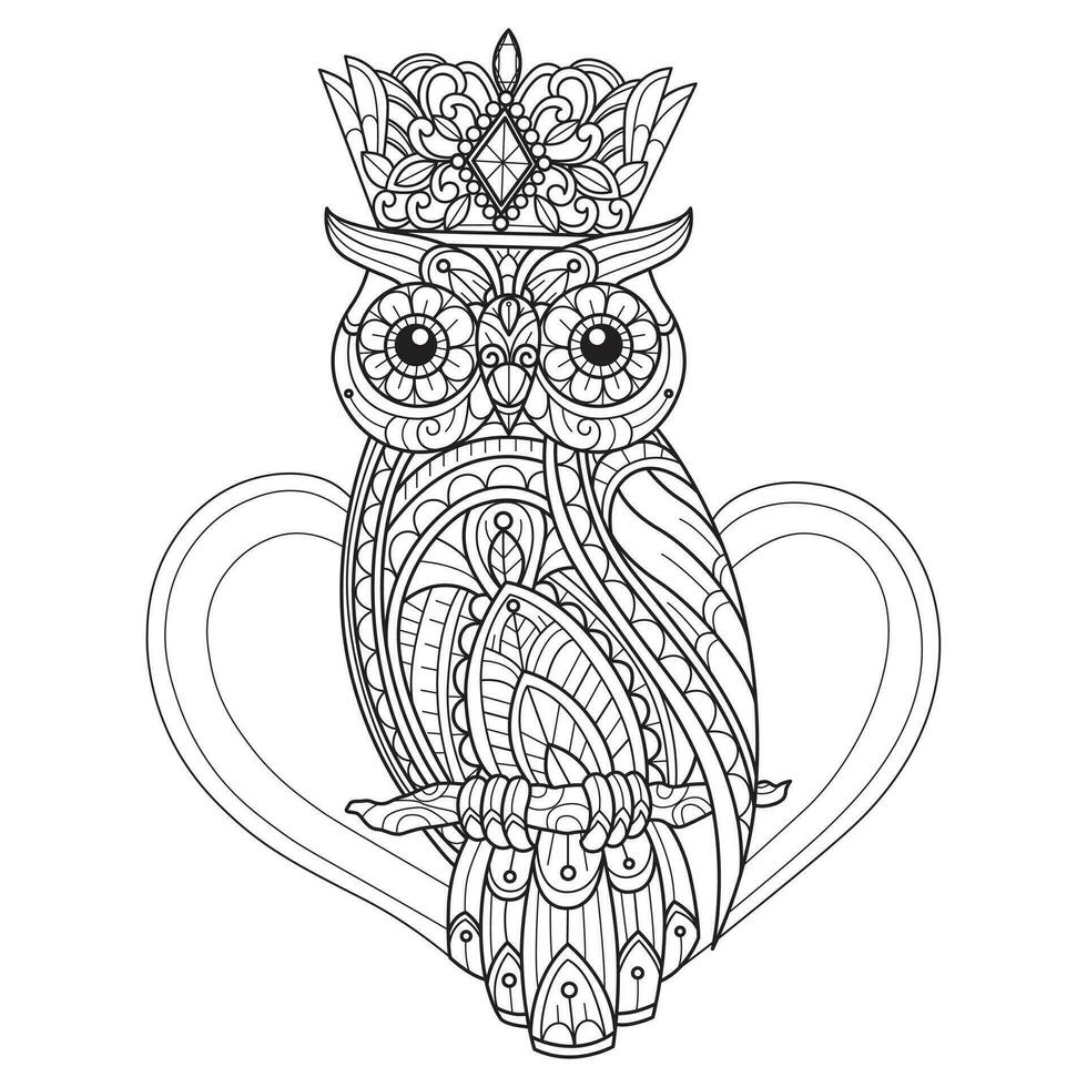 Owl and crown hand drawn for adult coloring book vector