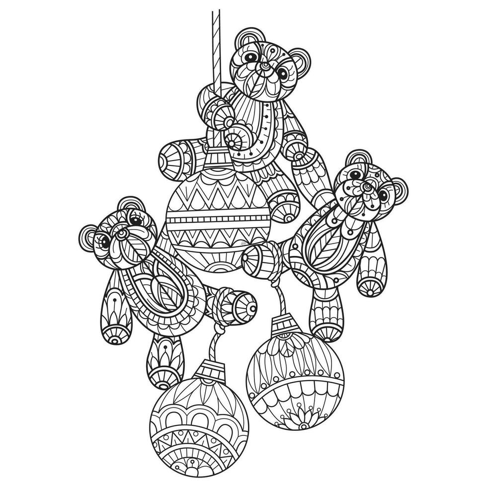 Three Teddy bear and Christmas lights hand drawn for adult coloring book vector