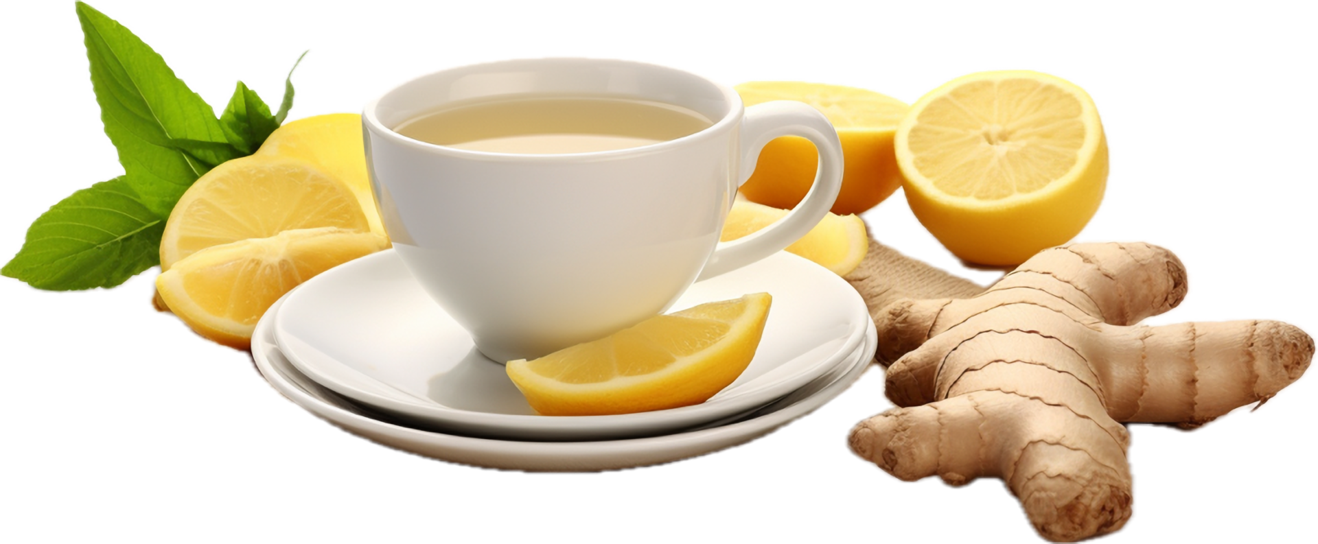 AI generated fresh ginger roots lemon and cup of tea png