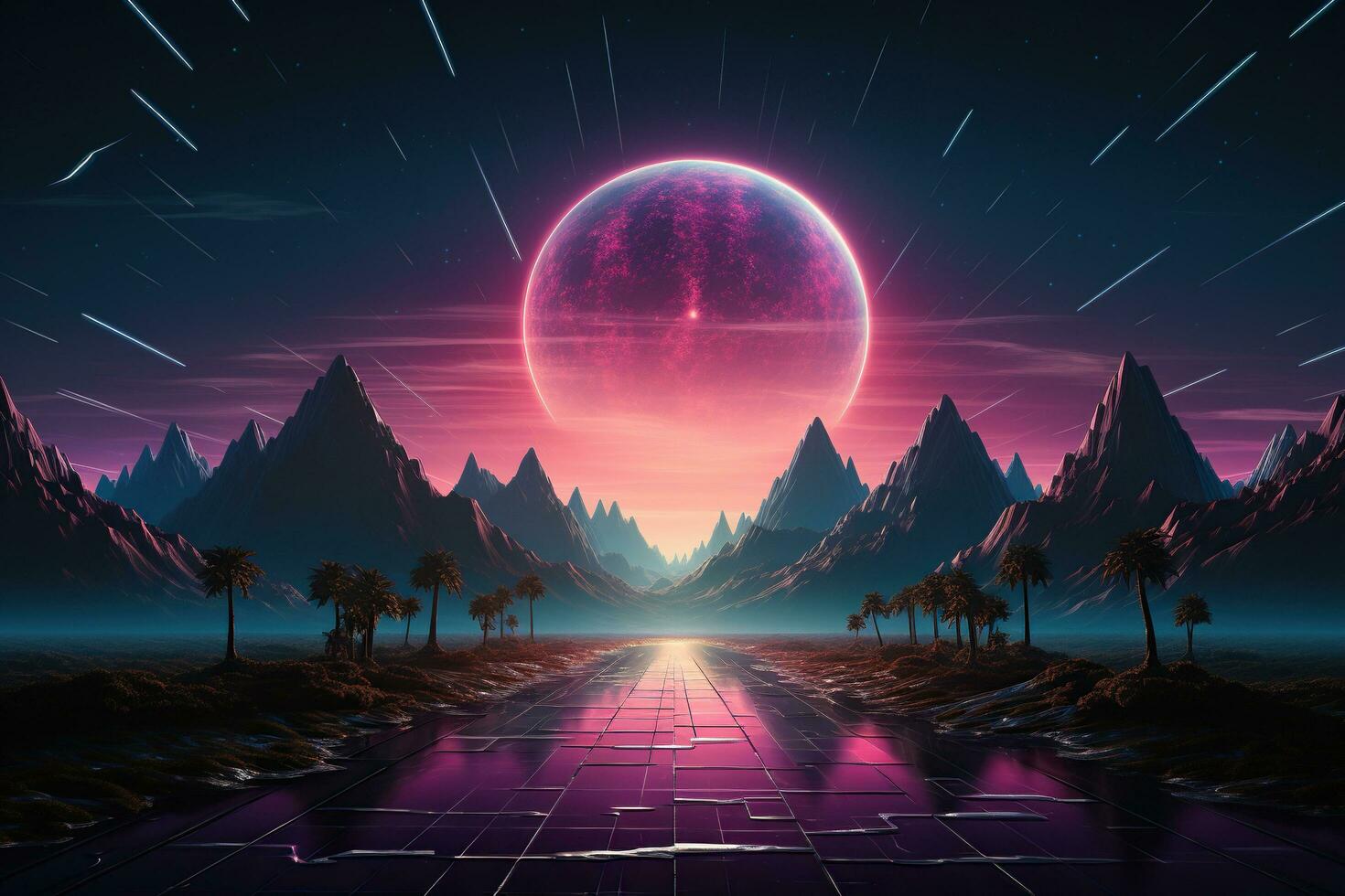 AI generated Futuristic background. Neon road leading to sunset, rocks, retro wave. Generated by artificial intelligence photo