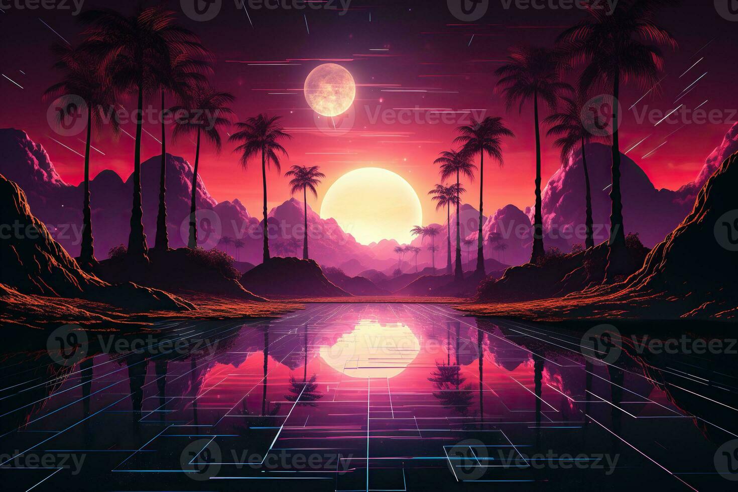 AI generated Silhouette coconut palm trees on beach at sunset. Vintage tone, retrofuturism. Generated by artificial intelligence photo