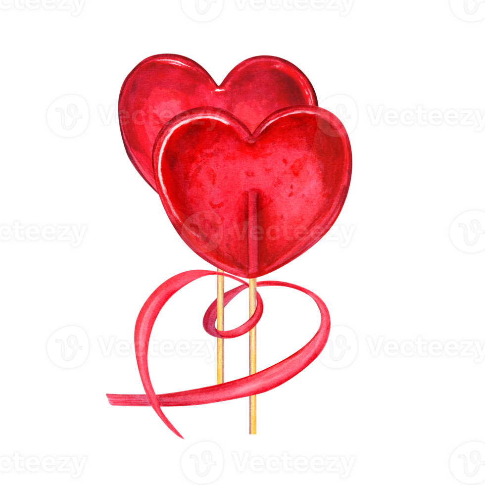 Bright red caramels in the shape of heart decorated with red ribbon. Bouquet of candies, bonbons, lollipop, sugar caramels on stick. Watercolor illustration. Valentines day, mother day, love png